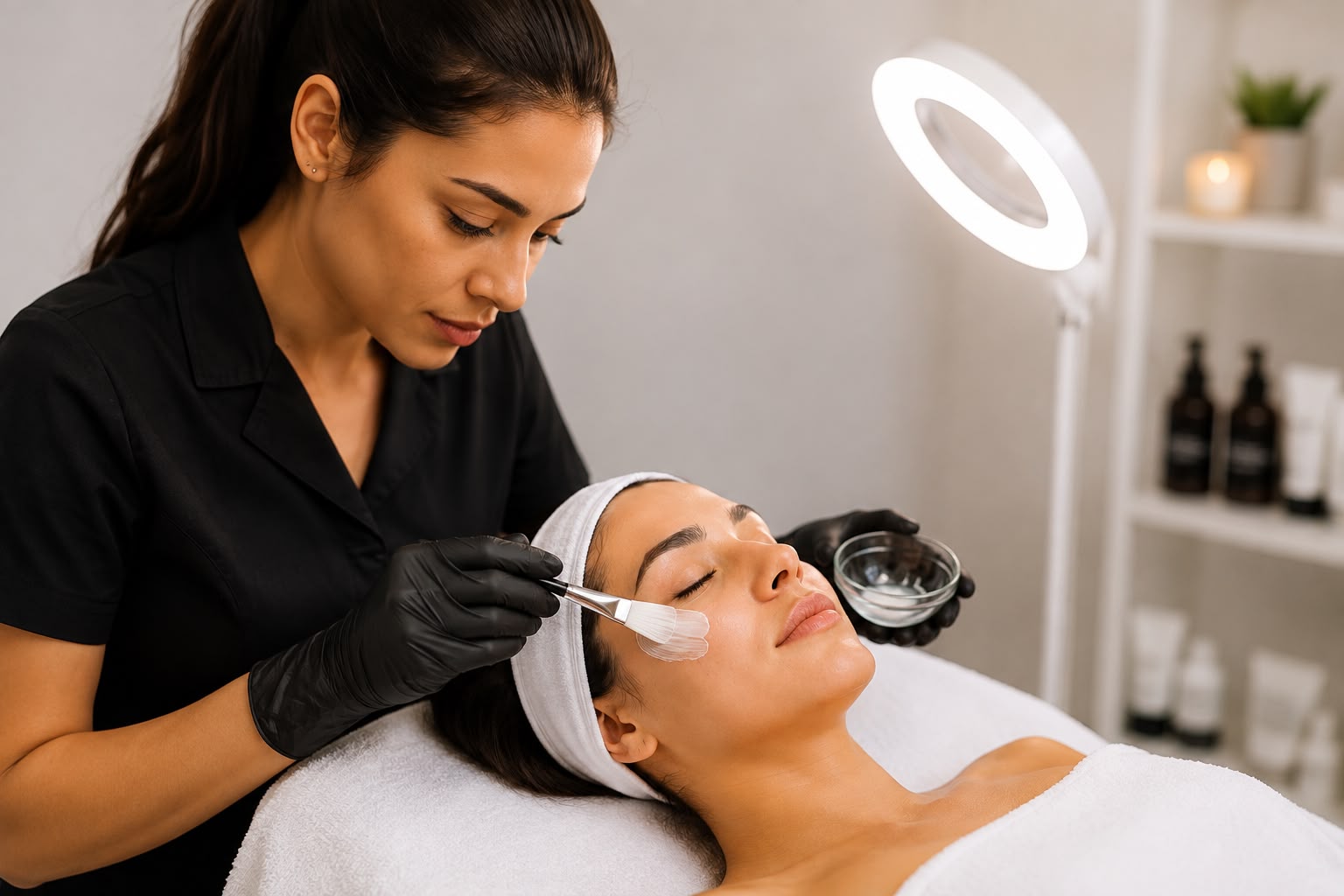Beauty therapist applying a facial treatment to a client