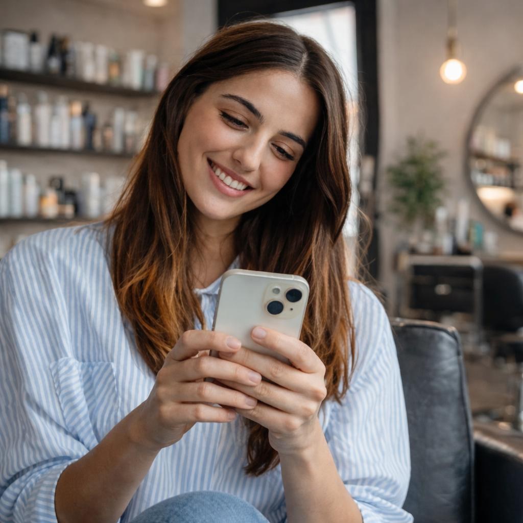 Beauty professional booking a treatment on her phone in a salon