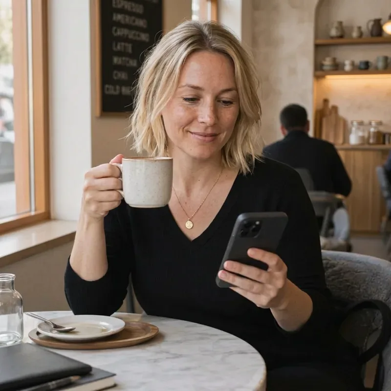 A beauty professional enjoying a coffee while checking her phone in a café