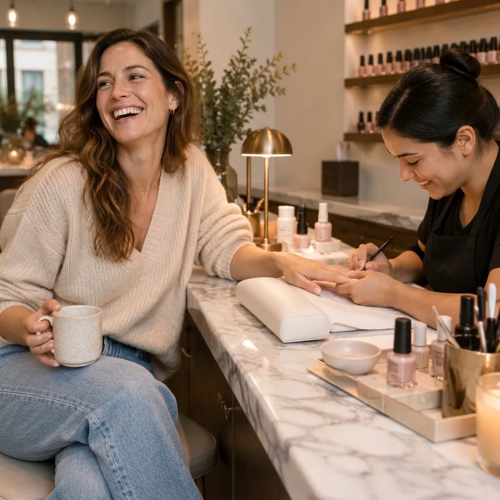 A relaxed client laughing during a manicure at a stylish nail bar