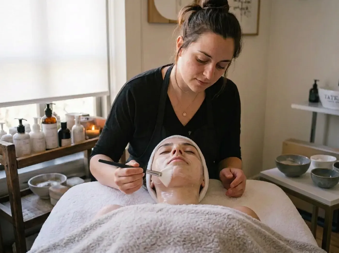 A beauty therapist seated behind her client, applying a facial mask with a fan brush