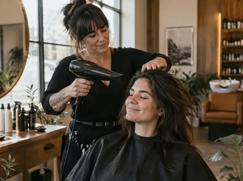 A hairdresser blow drying a relaxed client's hair