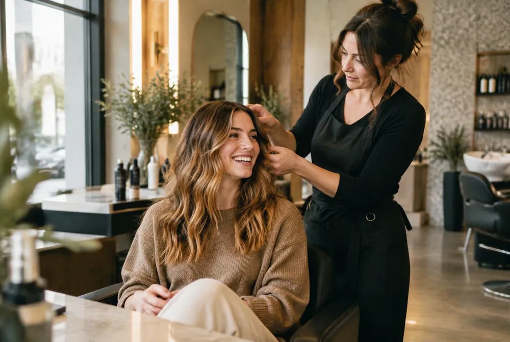A hairdresser styling a smiling client's hair in a warm, modern salon